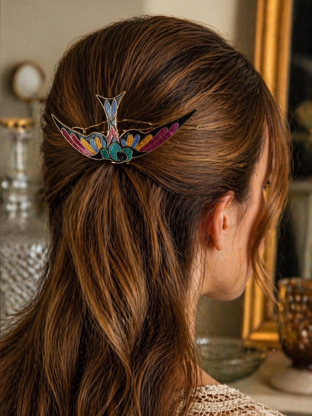 Vintage Swallow Cloisonné Enamel Barrette